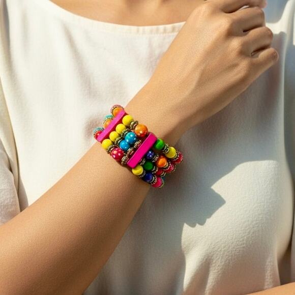 Hawaiian Rainbow Wood Bead Bracelet | Boho | NWOT (Gift Box Included) - Picture 1 of 8